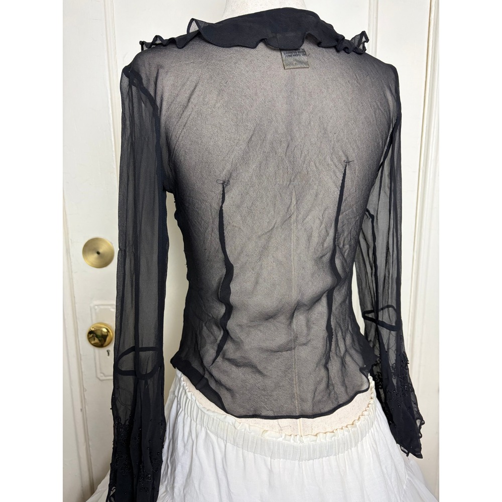 ICE Silk Beaded Blouse Black Sheer Ruffle Lace Up Bell Sleeve Vintage Style PS - Picture 2 of 6